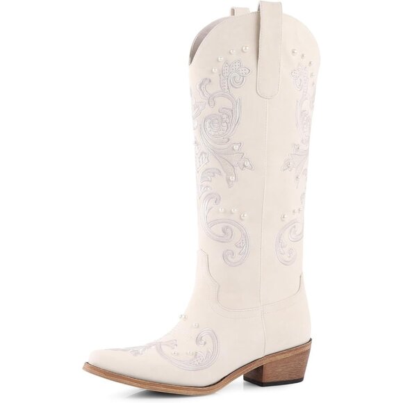 Women White Faux Leather Knee High Classic Embroidered Slip On Chunky Heel - Picture 1 of 7